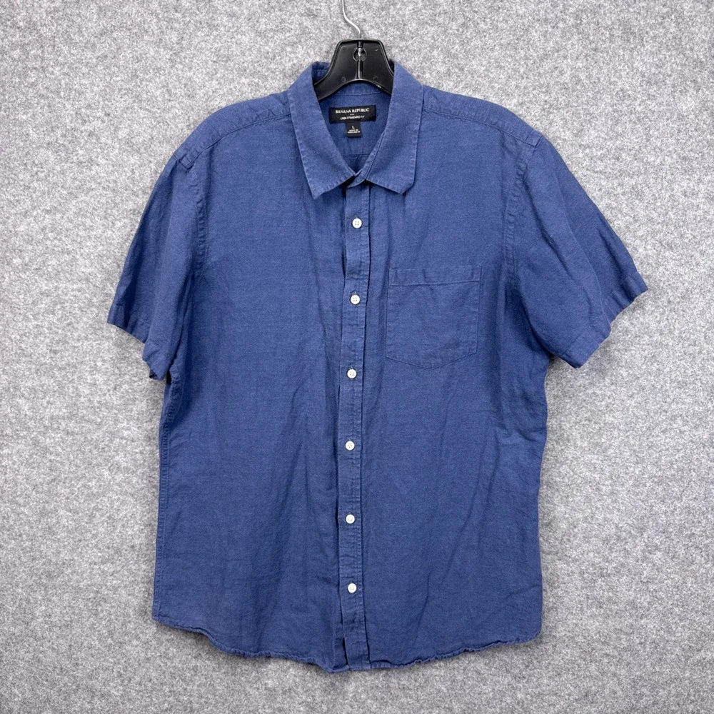 Banana Republic Mens Blue Linen Cotton Short Sleeve Button Down Shirt Large